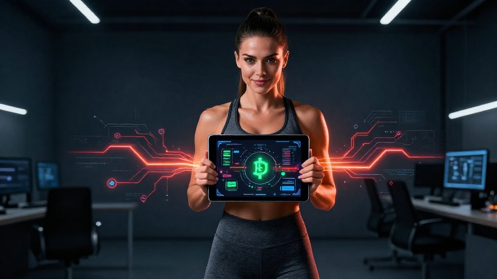 TRON Energy API для автоматизации комиссий USDT TRC20 Атлетичная европейская женщина с планшетом, отображающим абстрактную визуализацию энергии TRON и транзакций USDT TRC20, в премиальном минималистичном интерьере с кинематографически
